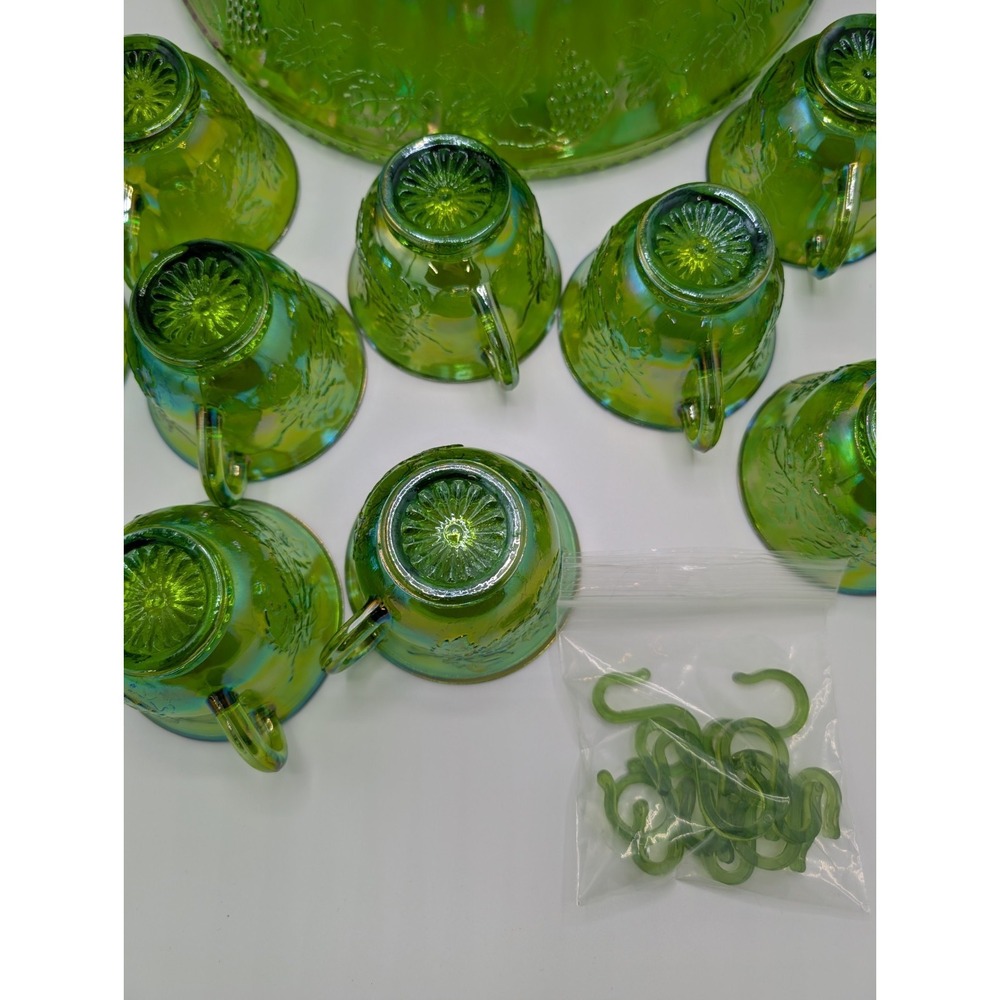 Vintage Indiana Carnival Glass Iridescent Green Punch Bowl Set With 12 Cups - Picture 12 of 16
